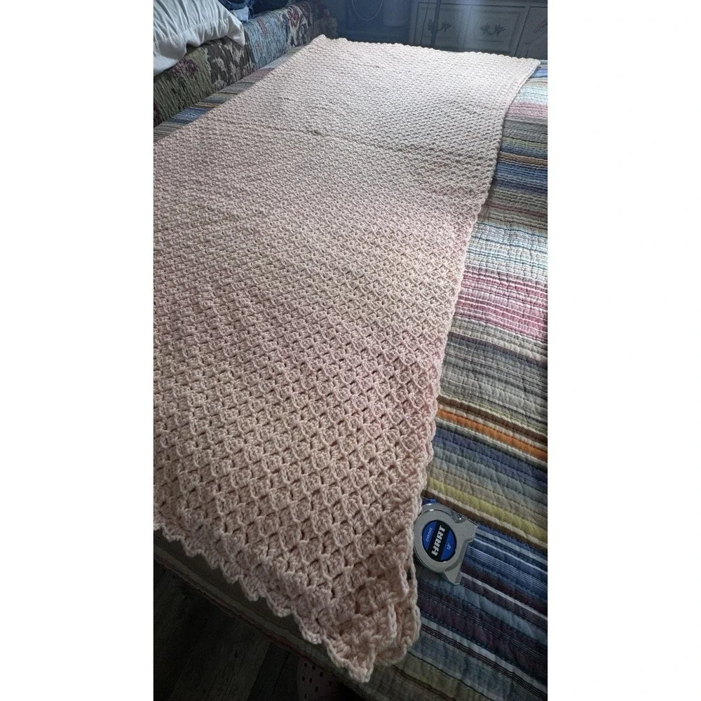 VTG Handmade Peach Crocheted Bedspread Coverlet 72x70 Peach Not Pink